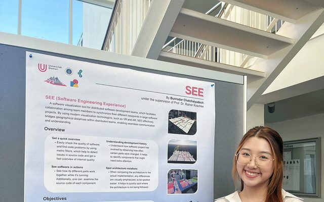 A SERU intern with her SEE poster at the University of Bremen